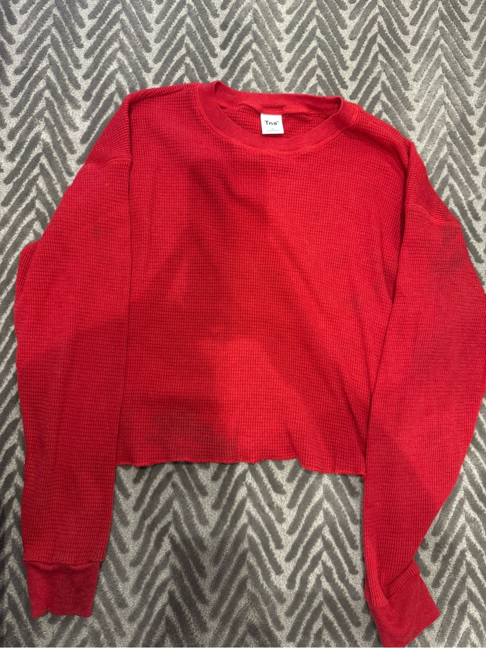 TNA Red Waffle-Knit Cropped Crew Sweatshirt
